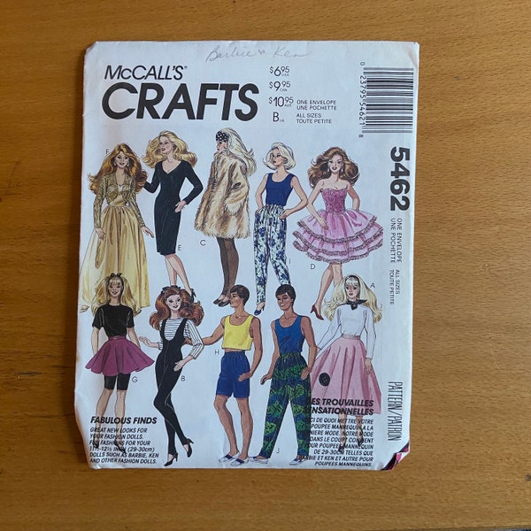 McCalls craft 5462 fashion doll sewing pattern 11 1/2" barbie outfits - 12 1/2 Ken evening gowns/dropped crotch harem pants/aerobic wear 90s