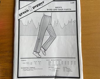 Green Pepper 128 Mens Wind and Rain Pants Hip 34-49 sizes elastic waist below knee zipper waterproof breathable fabric UNCUT sewing pattern