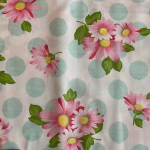 Quilting Cotton Sew and Sew fabric Chloe&#39;s Closet for Moda 33084, Blue mini stripe dots with pink daisies 2 yards x 44&quot; wide Sold By Yard
