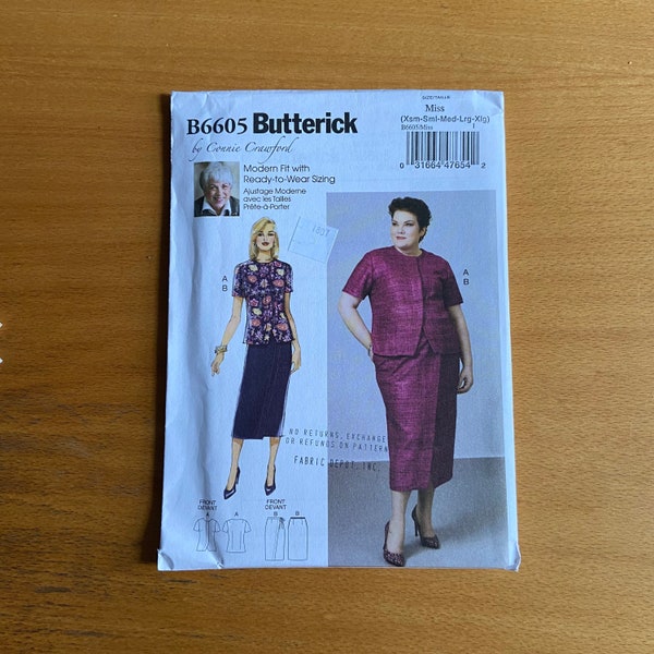 Patron de couture Butterick 6605 Connie Crawford taille Miss et femme chemisier ajusté patte de boutonnage cachée. Jupe portefeuille poches latérales non coupées