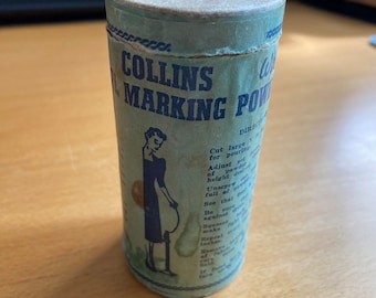 Collins White Marking Powder for hems/quilting designs. Chalk to mark stitch lines No Squint/no Squat/no more uneven hems Vtg Advertising