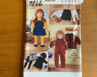 Vogue Craft 644/9866 Sewing Pattern 18 inch doll clothing Back to School American dress/jumper/overalls/leggings Linda Carr design Uncut