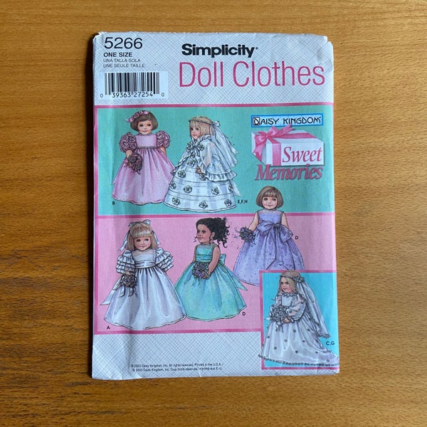 Simplicity 5266 Daisy Kingdom 18" Doll dress. Fancy dresses, wedding/bridal. cape, veil, headpiece. Sweet memories sleeve variations