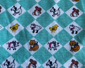 60" wide ITY tshirt knit cotton fabric, Mint green harlequin design mini animals: Chick/bunny,dog/pig/cat/lamb directional vintage stretch