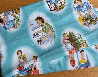 Sold by the 1/2 yard x 44" wide cotton. Dick and Jane's Vintage Kids MOM C-971  Michael Miller quilt fabric, aqua background kids household