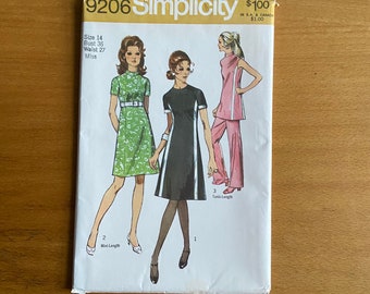 Simplicity 9206 -70s style  dress sewing pattern Size 14, bust 36 dress/tunic in two lengths, princess seaming, back zipper 70s fashion