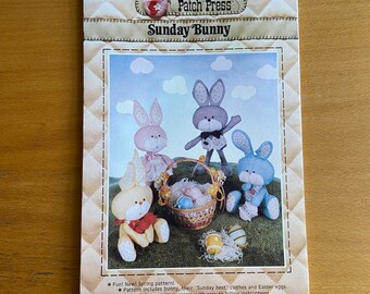 Sunday Bunny sewing pattern Soft-sculpture puffy toy by Patch Press Sally Harbert 80s soft sculpture Rabbits/Easter eggs Runningwithneedles