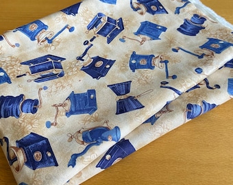 Sold By The 3/4 yard x 44" wide quilting cotton Coffee Time Rose and Hubble sewing fabric 90s vintage old fashioned grinders