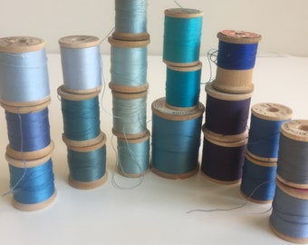Vintage lot of Wooden Thread Spools for Sewing, Crafting, Jewelry - 20 BLUE Colors Display/decor