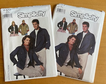 Simplicity 8177 Mens/Womens Jacket sewing pattern. Size Lg 38 / Xlg 44. Unlined 80s Loose fitting coat, snap closure/seam detail/denim UNCUT