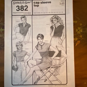 Stretch & Sew 382 Cap Sleeve  Top Ann Person Knit t-shirt sewing pattern Bust size 30-46, Hip 32-48 1980s UNCUT running with needles