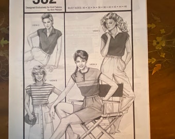 Stretch & Sew 382 Cap Sleeve  Top Ann Person Knit t-shirt sewing pattern Bust size 30-46, Hip 32-48 1980s UNCUT running with needles