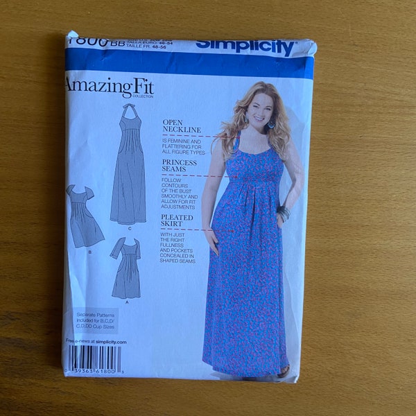Simplicity 1800 Amazing Fit Sewing pattern Women's Princess seam Maxi Dress Slim/Average/Curvy, Sizes 20w- 28w pockets along seam   Uncut
