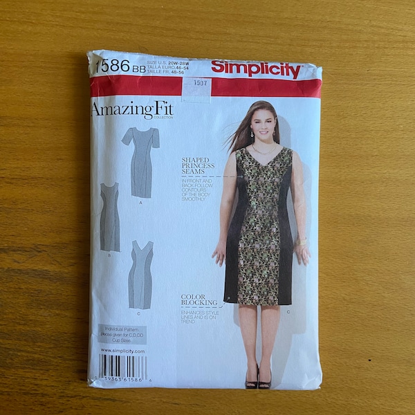 Simplicity 1586 Amazing Fit Sewing pattern Women's Princess seam Hourglass figure Dress Slim/Average/Curvy, Sizes 20w- 28w colorblock  Uncut