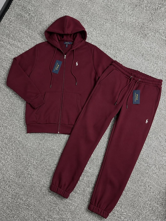 Mens Polo Ralph Lauren Burgundy Sweatsuit Hoodie Joggers Printed Logo Fleece Tracksuit Polo Streetwear