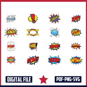 Bundle of 16 Comic Style Action Bubbles, Comic Cartoon Style, Birthday Bundle, Comic Balloon Bubble Art svg, Comic Book clipart