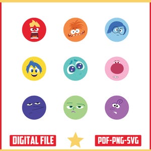 Paquete de imágenes prediseñadas SVG de caras internas, imágenes prediseñadas de dibujos animados de Inside Out 2, imágenes prediseñadas de caras de personajes de Inside Out 2, alegría, tristeza, ira