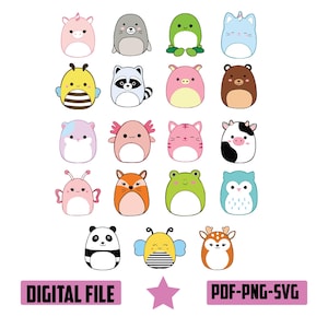 Animais Squishmallow PNG SVG clipart cricut designs agrupar imagens em fundo transparente design de sublimação para cricut aniversário