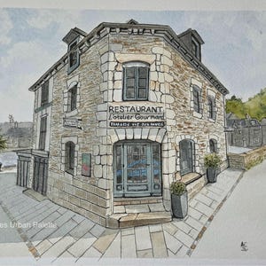 Ristorante L'Atelier Gourmand, Dinan, Francia. Dipinto originale ad acquerello.