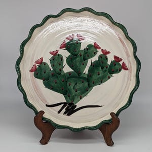 Vintage Southwestern Redware Pottery Quiche Pie Dish Prickly Pear Cactus Ruffled Edge Signed KATE