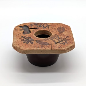 Vintage Malabar Pottery Ikebana Flower Frog Vase, Hand Pressed Terra Cotta Leaf Dragonfly Botanical Small Square Kenzan Arranger Circa 1980s