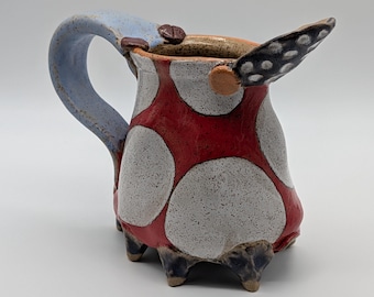 Whimsical Studio Pottery Pitcher Beaker Bird Spout Ladybug Stoneware 16 oz Vase