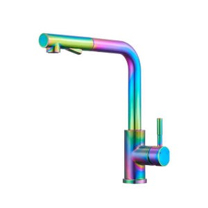 May include: A contemporary kitchen tap with a pull-down spray head. The tap has a vibrant rainbow finish, with shades of blue, green, yellow, and purple. The design is sleek, with a single-lever handle for water control.