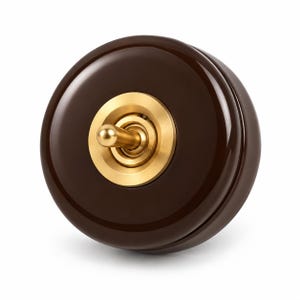 May include: A circular light switch featuring a glossy dark brown finish on the outer casing and a central brass toggle mechanism. The switch is mounted on a round base, with a metallic gold-toned circular plate surrounding the central lever.