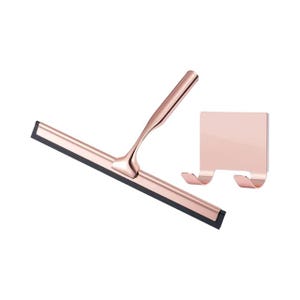 May include: Rose gold window squeegee with a black rubber blade and a matching rose gold wall mount with two hooks.