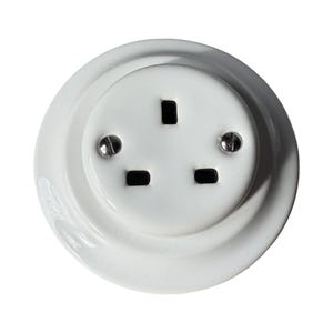 May include: A white electrical outlet with three rectangular slots and a central grounding pin. Two silver screws secure the outlet to a circular, raised base. The outlet is designed for electrical plugs and is set against a plain white background.