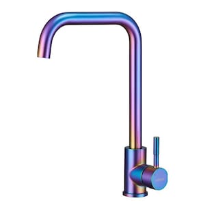 May include: A single-lever kitchen tap with a rainbow iridescent finish. The tap has a high arc spout and a lever handle. The brand name "KINSE" is visible on the handle.
