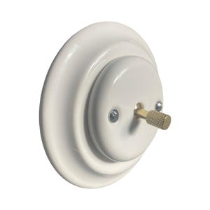May include: A white ceramic light switch with a brass toggle. The switch has a round, tiered design and is mounted with two silver screws. The toggle is textured for grip. A classic, vintage-style electrical component.