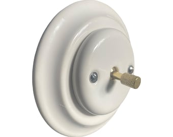 White Porcelain Light Switch With Knurled Brass Toggle : Retro Ceramic Flush Mount
