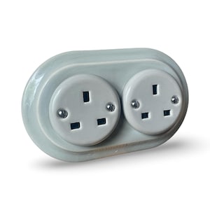 Miami Grey Porcelain Flush Mounted Double UK Ceramic Plug Socket , Vintage Flush Mounted Retro Ceramic Electrical Outlet  Grey Ceramic