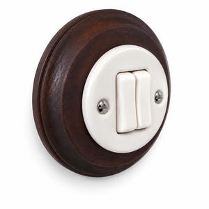 White Porcelain Double Light Switch: Retro Smoked Oak Frame, UK Flush Mount