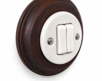 White Porcelain Double Light Switch: Retro Smoked Oak Frame, UK Flush Mount