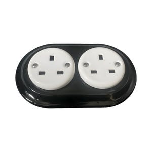 Black & White Check Porcelain UK Plug Socket: Vintage Art Deco Style