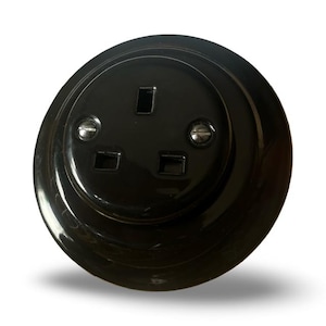 May include: A black electrical outlet with a circular faceplate. The outlet has three rectangular slots and one square slot. Two screws secure the outlet to the faceplate. The faceplate has a glossy finish and a beveled edge.