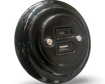 Glänzende Schwarze Porzellan USB Und USB C Steckdose