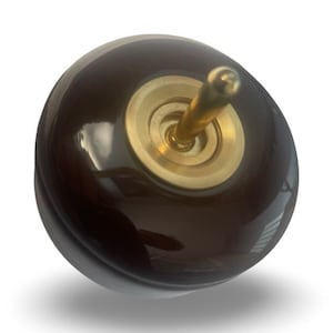 May include: A dark brown ceramic light switch with a brass toggle and a round, brass faceplate.