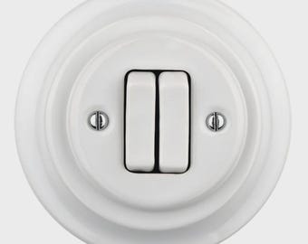 White Porcelain 2 Gang Light Switch: Retro Flush Mount