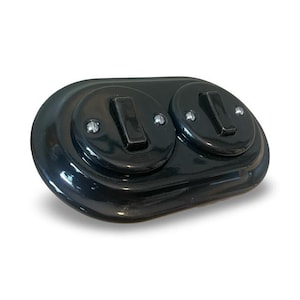 Black Glossy Porcelain Double Light Switch: Retro 2 Gang Flush Mount