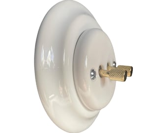 White Porcelain Light Switch: Retro Brass Toggle, Ceramic Flush Mount