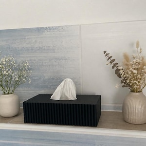 Könnte beinhalten: Eine schwarze Taschentuchbox mit geripptem Design, die weiße Taschentücher enthält, steht zwischen zwei Vasen. Eine Vase enthält weiße Blumen, die andere getrocknete Blumen und Grün. Der Hintergrund zeigt eine blau-weiß gestrichene Wand.