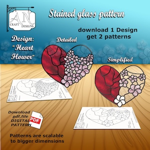 Puede incluir: Un patrón de vitral de un corazón con flores. El patrón está disponible en dos versiones: detallada y simplificada. Descarga el archivo PDF digital para crear tu propio proyecto de vitral.