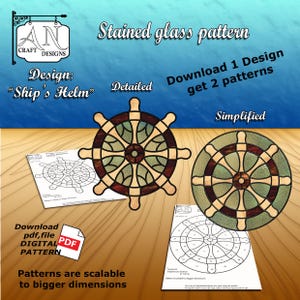 May include: Stained glass pattern for a ship's helm. The pattern is available in two versions: detailed and simplified. Download 1 design, get 2 patterns. Patterns are scalable to bigger dimensions.