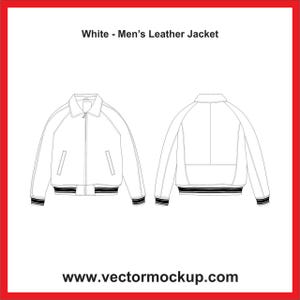 Op de afbeelding: Lijntekening van een witte leren jas, voor- en achteraanzicht. De jas heeft een kraag, zakken en een zwart-wit gestreepte band in de taille en manchetten. Tekst bovenaan luidt "White - Men's Leather Jacket" en het websiteadres "www.vectormockup.com" staat onderaan.