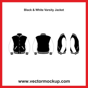 Peut inclure: Conception de veste universitaire noire et blanche. La veste a un corps noir avec des manches blanches, une fermeture à boutons et des poignets et un col rayés. L'image montre les vues avant, arrière et latérales de la veste. Le texte "Black & White Varsity Jacket" est en haut.