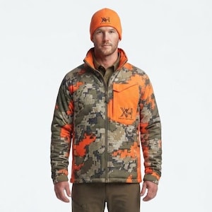May include: A bright orange beanie with a black logo and a zip-up jacket featuring a camouflage pattern in shades of olive green, grey, and bright orange. The jacket includes a solid orange chest pocket with a black logo and a high collar design.