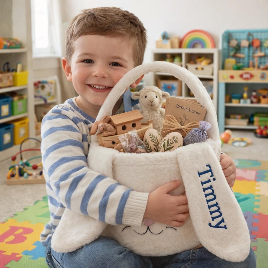 Discover Personalized Easter Bunny Bucket, Embroidered Name Baby Easter Gift, Extra Large Plush Rabbit Basket